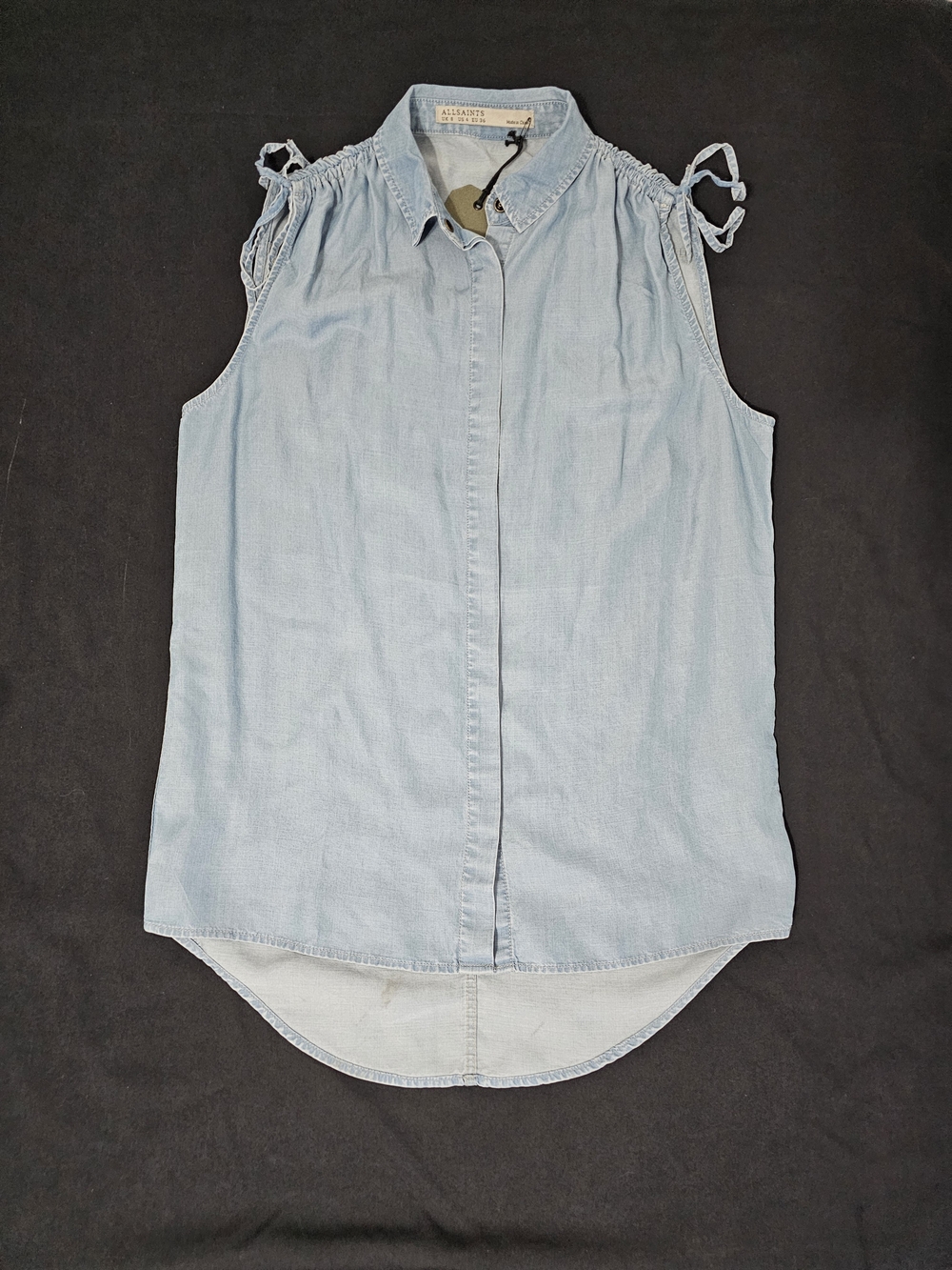 AllSaints Drain Bay Shirt Chambray Lyocell Sleeveless Button Front Tie Top US 4 - Picture 4 of 11